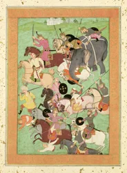 Battle between the forces of Iran and Turan, illustration to the Shahnama, Large Clive Album, mid-17th century